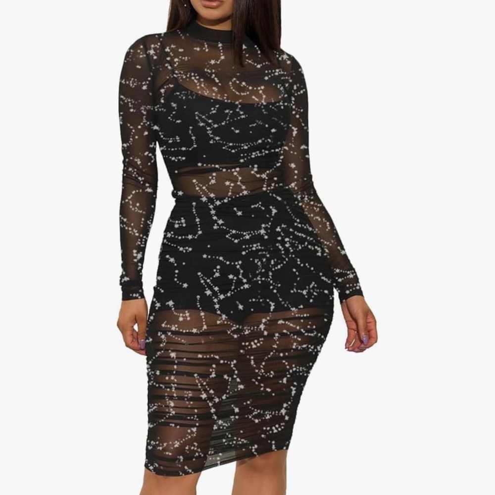 Sheer Mesh Black Dress with Silver ✨